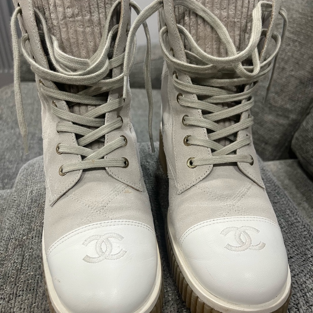 Chanel Women's Gray Lace-Up Boots